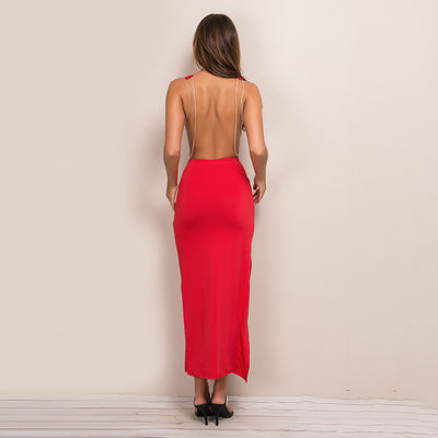 Jaw Dropping Red Chained High Split Maxi Dress - Fashion Genie Boutique