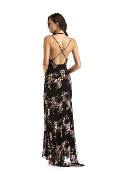 Glorious Black Sequin Front Split Sweeping Maxi Dress - Fashion Genie Boutique