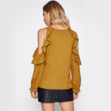 Love All Day Mustard Cold Shoulder Ruffle Top - Fashion Genie Boutique