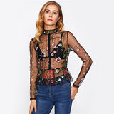 Dakota Black Floral Embroidered Mesh Top - Fashion Genie Boutique