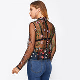 Dakota Black Floral Embroidered Mesh Top - Fashion Genie Boutique