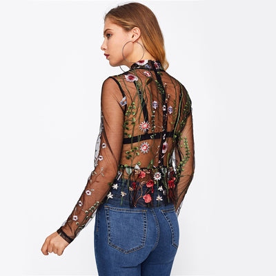 Dakota Black Floral Embroidered Mesh Top - Fashion Genie Boutique