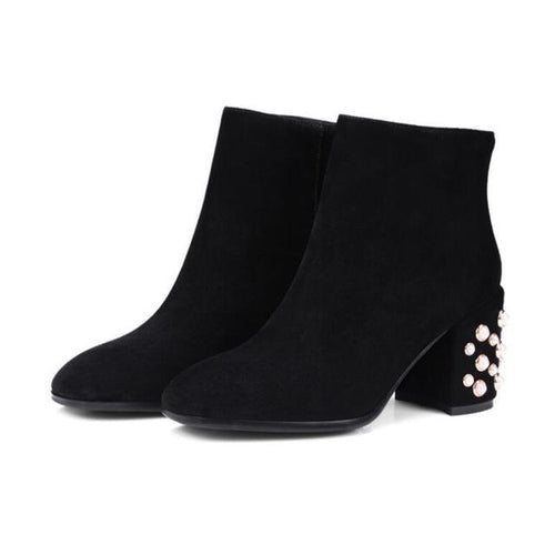 Swagger Black Pearl Embellished Heel Ankle Boots - Fashion Genie Boutique