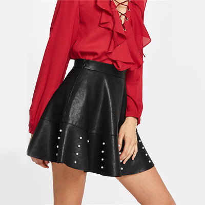 Frill Time Black Faux Leather Pearl Frill Mini Skirt - Fashion Genie Boutique