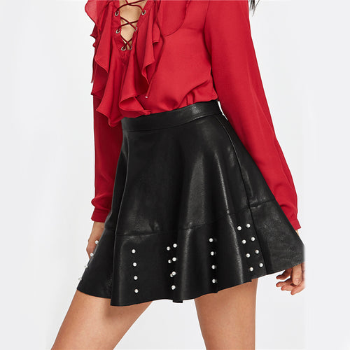 Frill Time Black Faux Leather Pearl Frill Mini Skirt - Fashion Genie Boutique