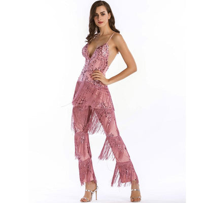 Puttin’ on the Glitz Pink Sequin Tassel Fringe Jumpsuit - Fashion Genie Boutique