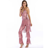 Puttin’ on the Glitz Pink Sequin Tassel Fringe Jumpsuit - Fashion Genie Boutique