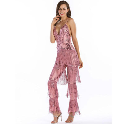 Puttin’ on the Glitz Pink Sequin Tassel Fringe Jumpsuit - Fashion Genie Boutique