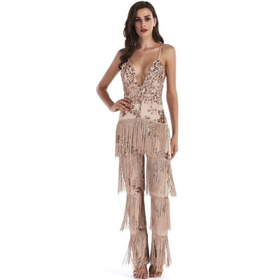 Puttin’ on the Glitz Gold Sequin Tassel Fringe Jumpsuit - Fashion Genie Boutique