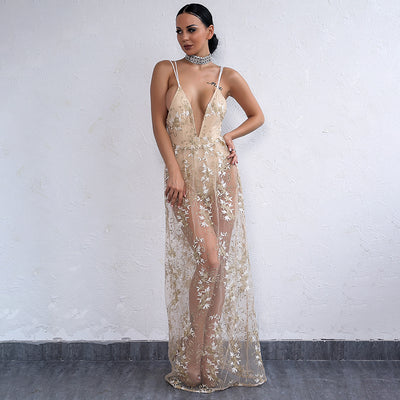 Sunset Cove Nude Embroidered Mesh Maxi Dress - Fashion Genie Boutique