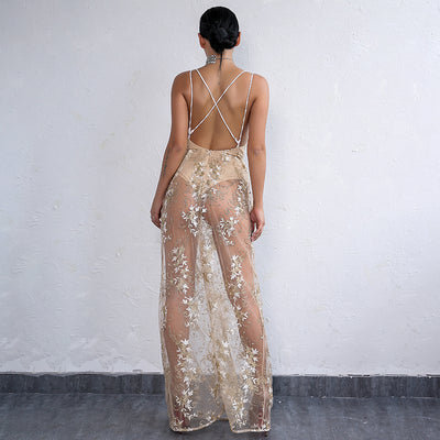 Sunset Cove Nude Embroidered Mesh Maxi Dress - Fashion Genie Boutique