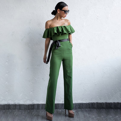 Brighton Green Bardot Ruffle Jumpsuit - Fashion Genie Boutique