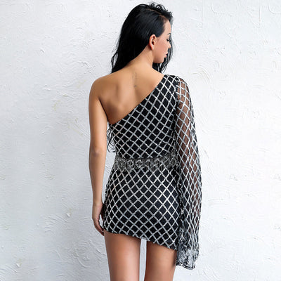 Glitz and Glory Black Sequin One Shoulder Flared Sleeve Mini Dress - Fashion Genie Boutique