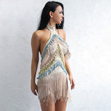 Shimmy Over Nude Fringe Halter Mini Dress - Fashion Genie Boutique