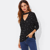 Your Touch Black Long Sleeve Pearl Embellished Choker Top - Fashion Genie Boutique