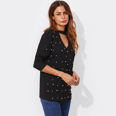 Your Touch Black Long Sleeve Pearl Embellished Choker Top - Fashion Genie Boutique