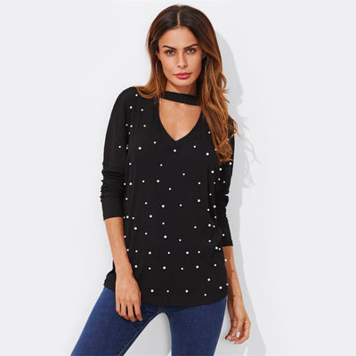 Your Touch Black Long Sleeve Pearl Embellished Choker Top - Fashion Genie Boutique