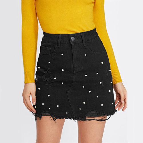 Totally Clueless Black Distressed Denim Pearl Embellished Mini Skirt - Fashion Genie Boutique