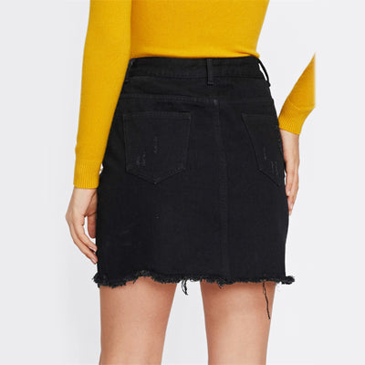 Totally Clueless Black Distressed Denim Pearl Embellished Mini Skirt - Fashion Genie Boutique