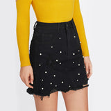 Totally Clueless Black Distressed Denim Pearl Embellished Mini Skirt - Fashion Genie Boutique