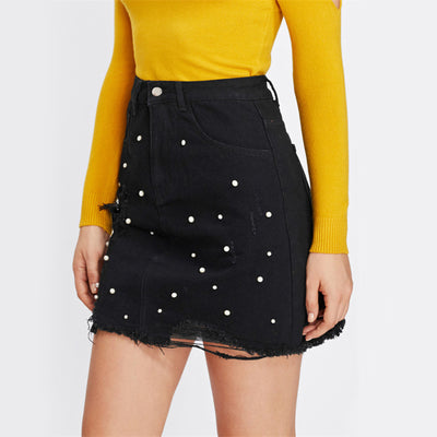Totally Clueless Black Distressed Denim Pearl Embellished Mini Skirt - Fashion Genie Boutique
