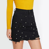 Totally Clueless Black Distressed Denim Pearl Embellished Mini Skirt - Fashion Genie Boutique