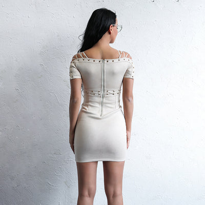 Dream Life Beige Lace Up Mini Dress - Fashion Genie Boutique