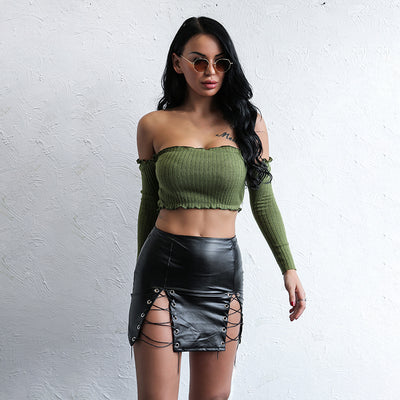 Bora Babe Green Bardot Ribbed Long Sleeve Crop Top - Fashion Genie Boutique