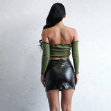 Bora Babe Green Bardot Ribbed Long Sleeve Crop Top - Fashion Genie Boutique