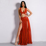 Riri Red Sequin Double Split Maxi Party Dress - Fashion Genie Boutique