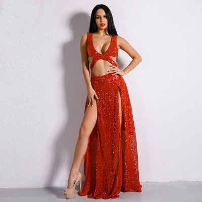 Riri Red Sequin Double Split Maxi Party Dress - Fashion Genie Boutique