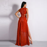 Riri Red Sequin Double Split Maxi Party Dress - Fashion Genie Boutique
