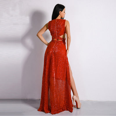 Riri Red Sequin Double Split Maxi Party Dress - Fashion Genie Boutique