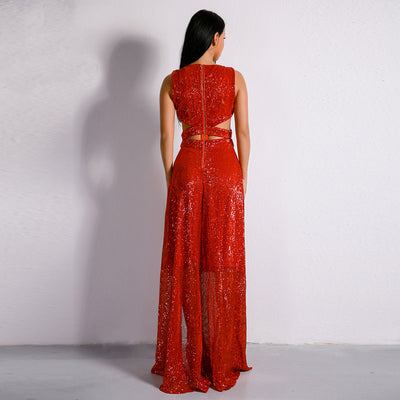 Riri Red Sequin Double Split Maxi Party Dress - Fashion Genie Boutique