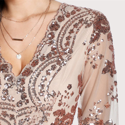 Diamonds Are Forever Nude Mesh Gold Sequin Bodysuit - Fashion Genie Boutique