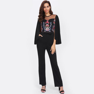 Drama Queen Black Embroidered Cape Sleeve Jumpsuit - Fashion Genie Boutique