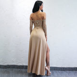 Luxury Lady Gold Bardot Glitter Embellished Long Sleeve Maxi Dress - Fashion Genie Boutique