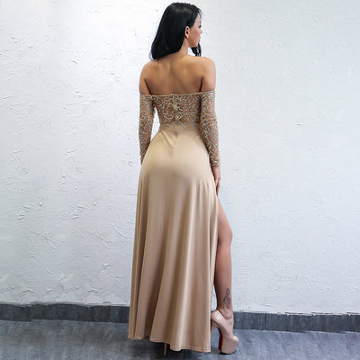 Luxury Lady Gold Bardot Glitter Embellished Long Sleeve Maxi Dress - Fashion Genie Boutique
