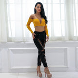 It Girl Yellow Plunge Long Sleeve Crop Top - Fashion Genie Boutique