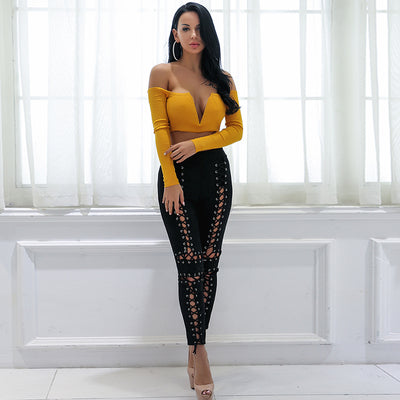 It Girl Yellow Plunge Long Sleeve Crop Top - Fashion Genie Boutique