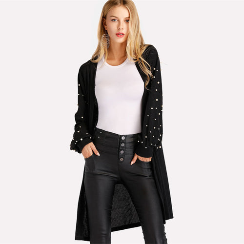 Simple Pleasure Black Bishop Sleeve Pearl Cardigan - Fashion Genie Boutique