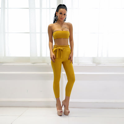 Byron Bay Yellow Strapless Crop Top & Trousers Co-Ord - Fashion Genie Boutique