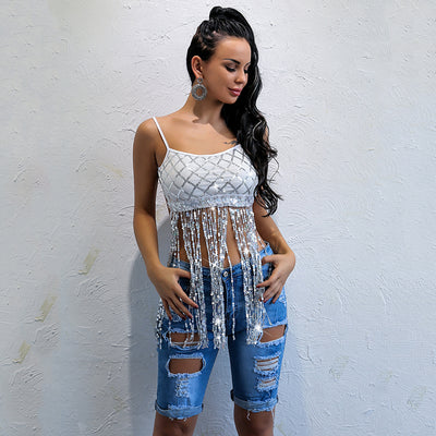 Bling Me To Tears Silver Sequin Tassel Fringe Crop Top - Fashion Genie Boutique