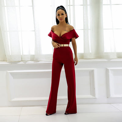 Sundown Burgundy Bardot Ruffle Jumpsuit - Fashion Genie Boutique