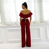 Sundown Burgundy Bardot Ruffle Jumpsuit - Fashion Genie Boutique