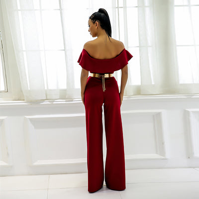Sundown Burgundy Bardot Ruffle Jumpsuit - Fashion Genie Boutique