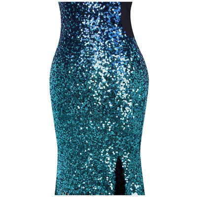 Mermaids Tale Blue Multi Gradient Sequin Split Maxi Dress - Fashion Genie Boutique