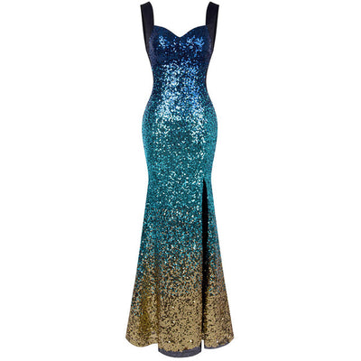 Mermaids Tale Blue Multi Gradient Sequin Split Maxi Dress - Fashion Genie Boutique