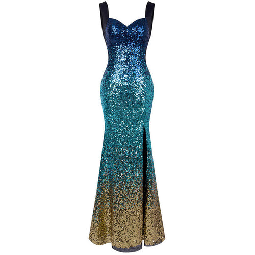 Mermaids Tale Blue Multi Gradient Sequin Split Maxi Dress - Fashion Genie Boutique