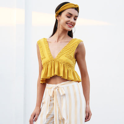 Summer Song Yellow Frill Wrap Front Crop Top - Fashion Genie Boutique